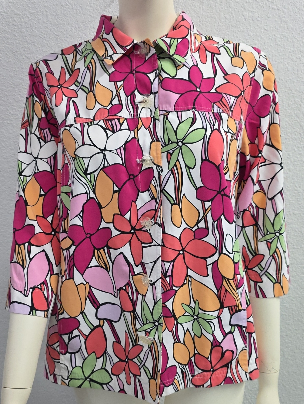 TanJay White Floral Relaxed Button Collar Jacket Size 14